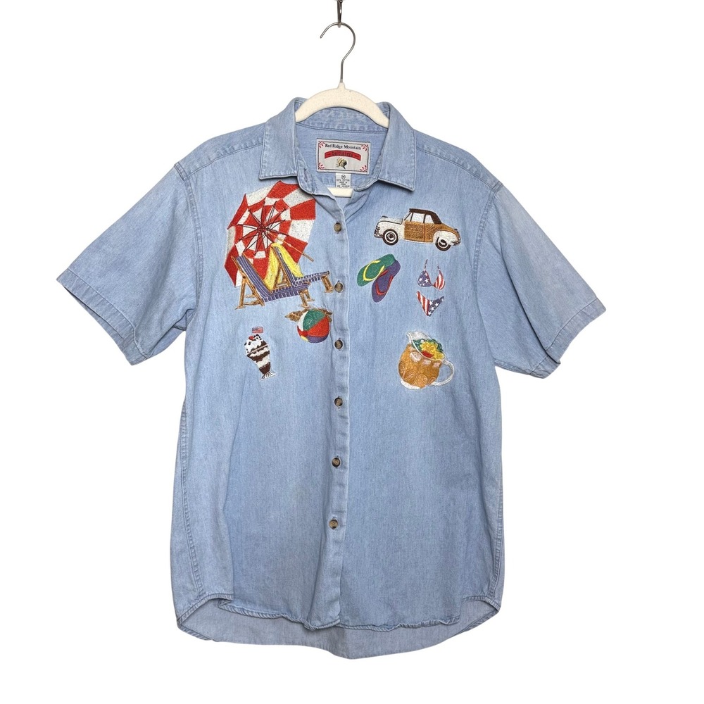 Vintage Red Ridge Mountain Outfitters Beach Embroidered Button Up Denim Shirt M